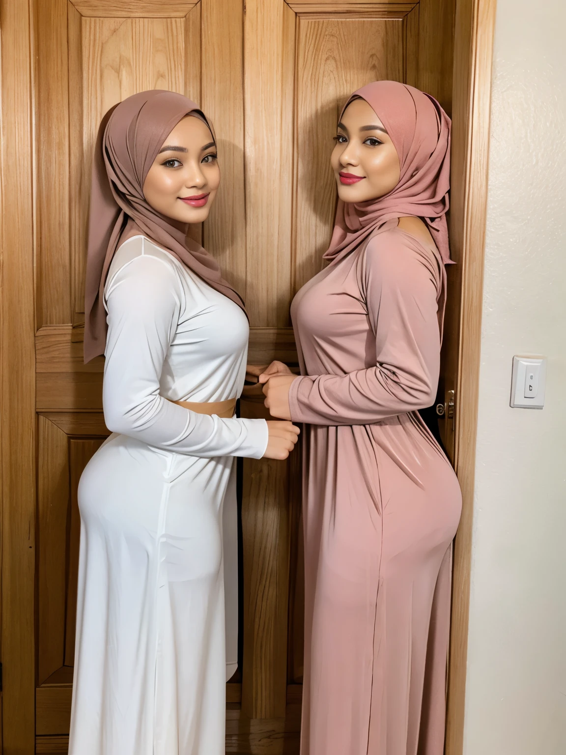 (2 girls:1.2), (double exposure), back view, two mature teachers (standing side by side behind wooden door), ((both 35 year old)), ((malay women)), curvy fit body shapes, huge thighs, bigger ass, both wearing ((fitted white long sleeves baju kurung)), ((hijabs)), smirk, inside a mosque, wooden door, wall, arabic calygraphy, skin texture, ultra high res, RAW, instagram LUT, masterpiece, best quality, ultra-detailed, ultra high resolution, RAW, 4k, (looking at viewer), extremely detailed eyes and face, (beautiful detailed nose), (beautiful detailed thigh), (beautiful detailed eyes), perfect body proportion, (looking at the viewer), red lips, (black hijab), (NSFW)