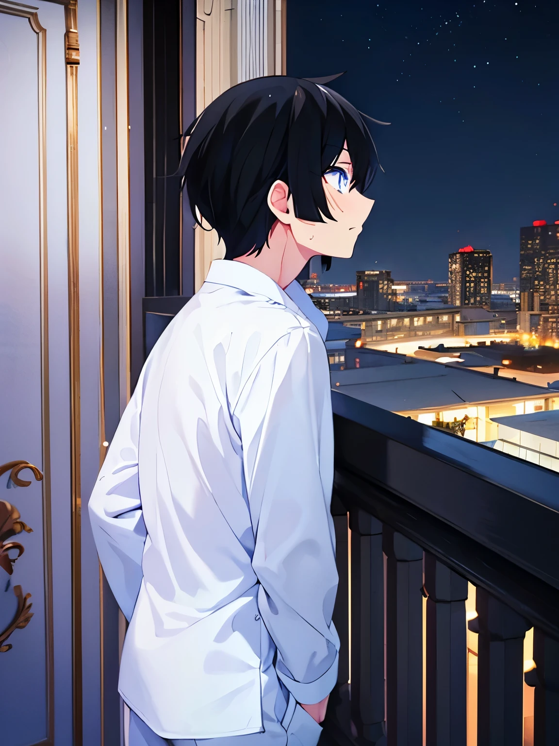 1boy, stand on the balcony, night,Facing right, camera angle from the side, photo from the side, looking away,,looking away, black hair, blue eyes, white pajamas,pajamas,, half body photo