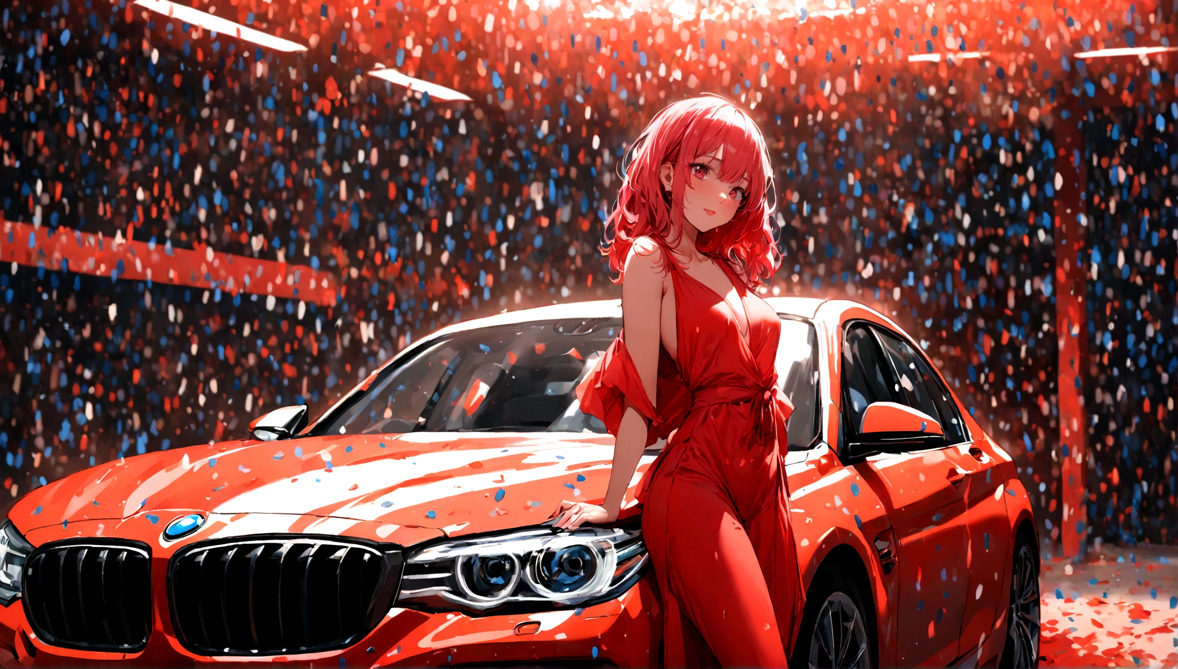 chica sexy vestida de rojo con un vestido ajustado con un auto bmw rojo de fondo.
