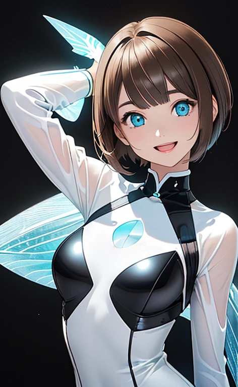 (Photorealistic:1.4)、(,20-year-old:1.5),(masterpiece、Blue lens flare:1.5、spot light:1.2、Exquisite beautiful eye:1.5,portlate),(kind eyes、tareme:1.9),(Black light:1.5)、Cute Face、 3D Face、(light brown hair:1.5)、(pixie cut:1.5),(sidelock :1.5),(blunt bangs:1.3),(1 woman)、(aqua eyes:1.2)、(upper body:1.5)、(Open mouth happy smile:1.5)、(),(head tilt) ,(Cute face:1.2),(flat chest),(),kind face,(white Bodysuit with open chest1.5),(black background:1.5)、()、()、 Neat and clean、Adorable、Demure,Slim Body(),Shiny Hair、()、Nijisketch,Manga,blacklight
