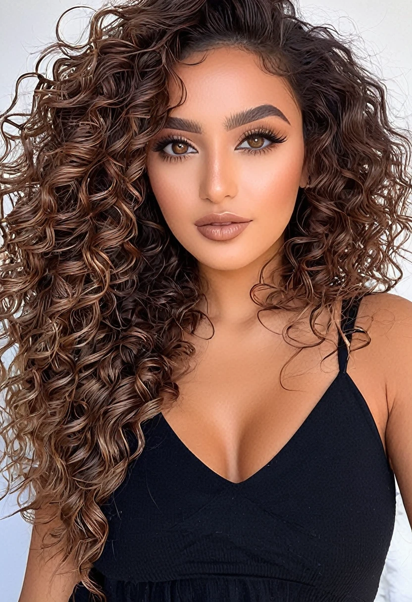 there is a woman, Lady Venus with long hair and a black top, big flowing hair, big hair, flowing massive hair, long brown puffy curly hair, long wild black curly hair, hair blackbangs hair, black long curly hair, long curly black hair, long fluffy hair, wavy black hair, vibrant dark wavy hair, her black hair is a long curly, black wavy hair
