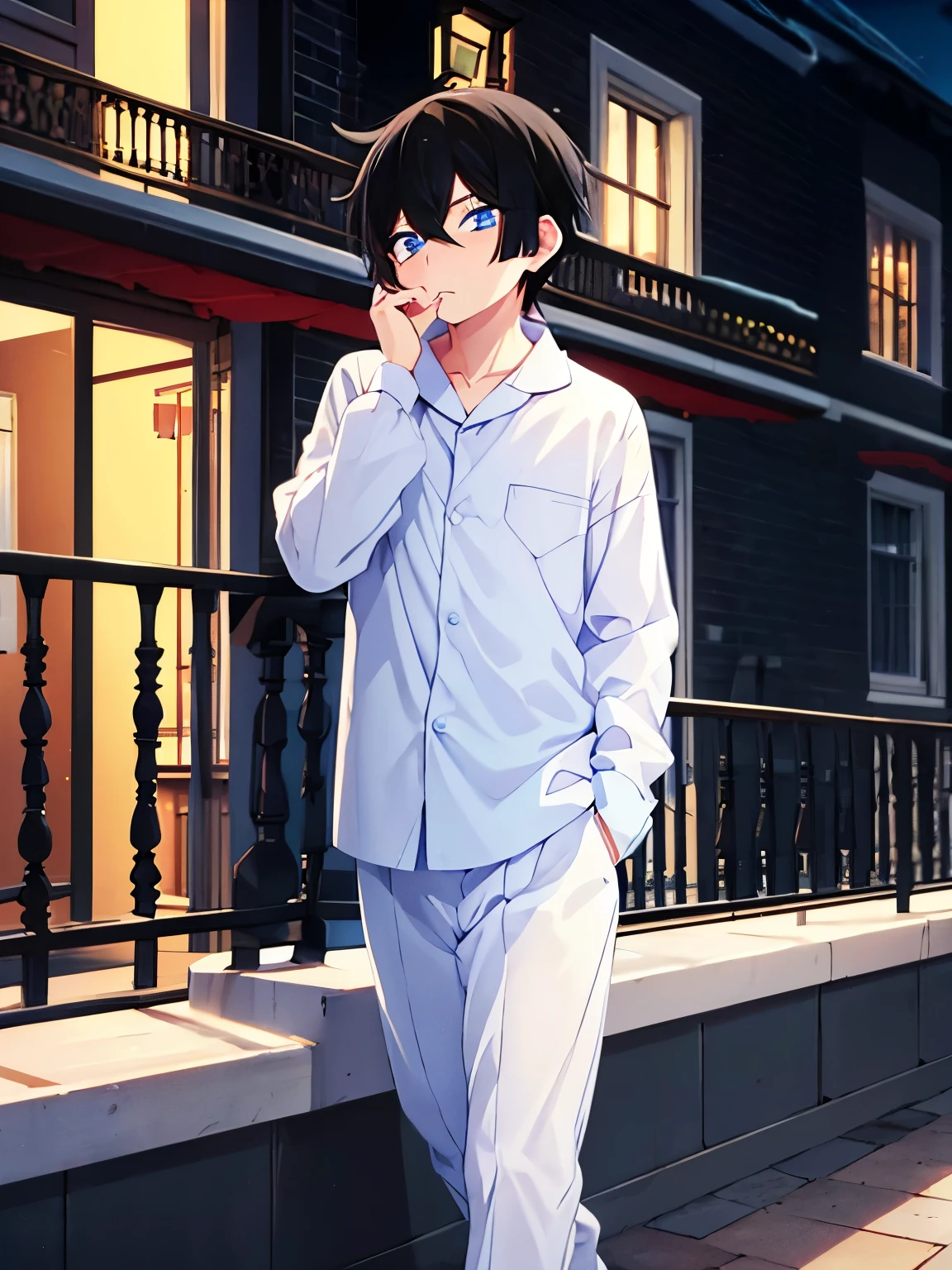 1boy,Walking on the balcony, night, Confused expression, hand on chin,looking away, black hair, blue eyes, white pajamas,pajamas,, half body photo