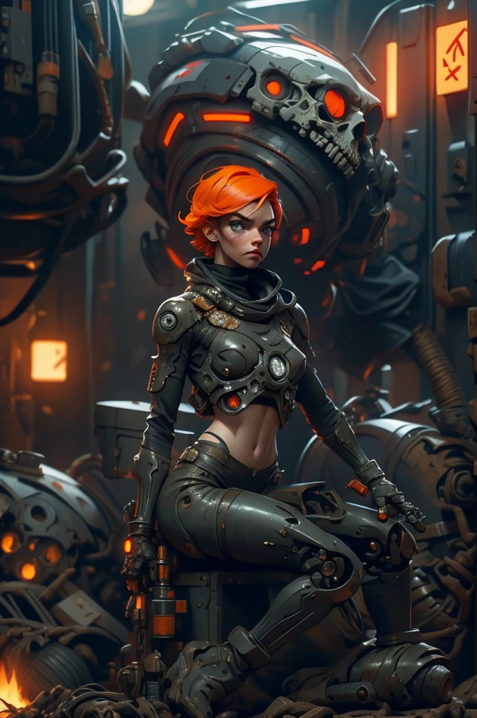 A highly detailed and realistic skull girl,( Anya. Taylor Joy) cyberpunk character, mad max furiosa, one hand robot, cyborg arm, orange hair, dramatic metal heavy rock theme, best quality, 8k, hyperrealistic, photorealistic, extreme detailed painting, studio lighting, vivid colors, dark moody atmosphere, cinematic, dramatic pose, intricate mechanical details, glowing energy effects, intense gritty textures, seamless integration of organic and inorganic elements. Wearing the used clothes of a wastelander. Background: An apocalyptic wasteland. Dusty and depressing., sexy pose, walking