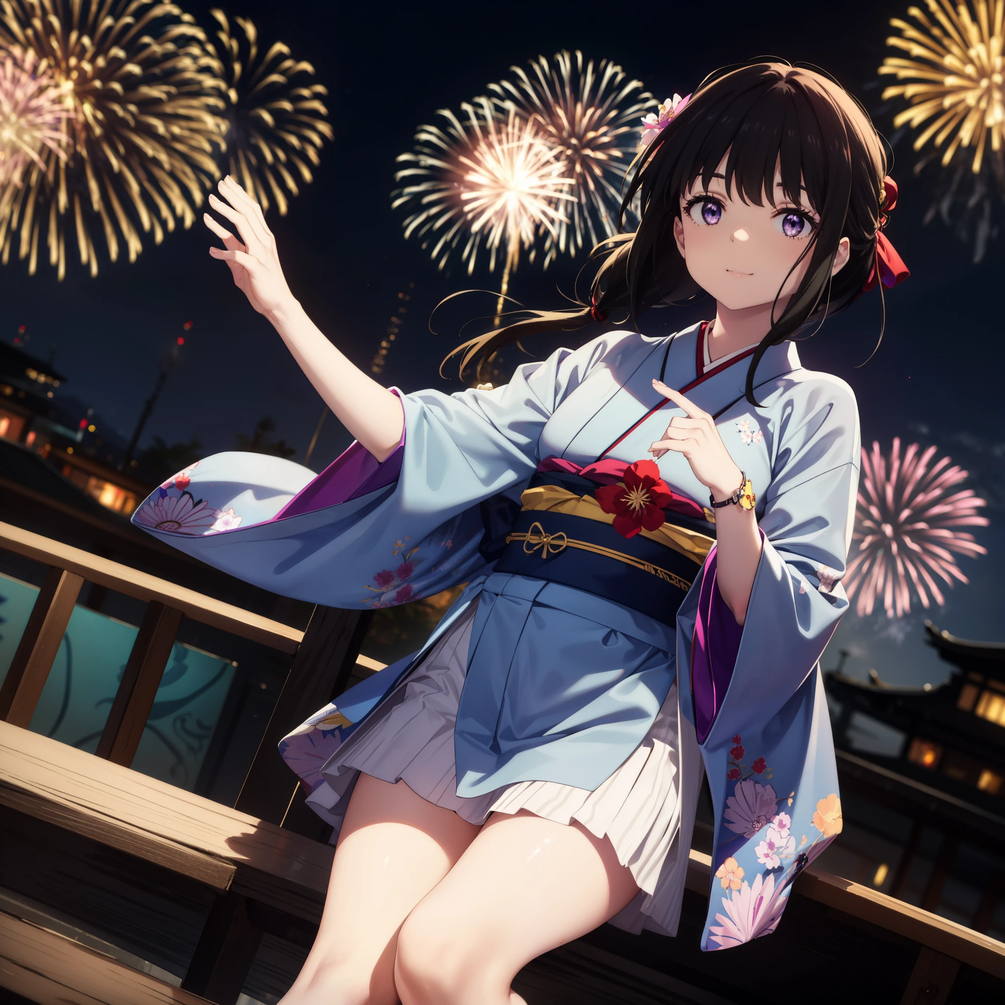 Takiuchi, Check it out, Long Hair, bangs, Black Hair, (Purple eyes:1.2),Flower Hair Ornaments,hair tied back,smile,blush,Embarrassing,Blue Kimono,Blue long skirt,Sandals,日本のfestival，夏festivalの屋台、Red lantern,Fireworks in the night sky,Fireworks,The place is a fireworks display,Time is night,whole bodyがイラストに入るように,Looking up from below、Walking,
break outdoors, festival,shrine,
break looking at viewer, whole body,  (Cowboy Shot:1. 5)
break (masterpiece:1.2), highest quality, High resolution, unity 8k wallpaper, (figure:0.8), (Beautiful fine details:1.6), Highly detailed face, Perfect lighting, Highly detailed CG, (Perfect hands, Perfect Anatomy),