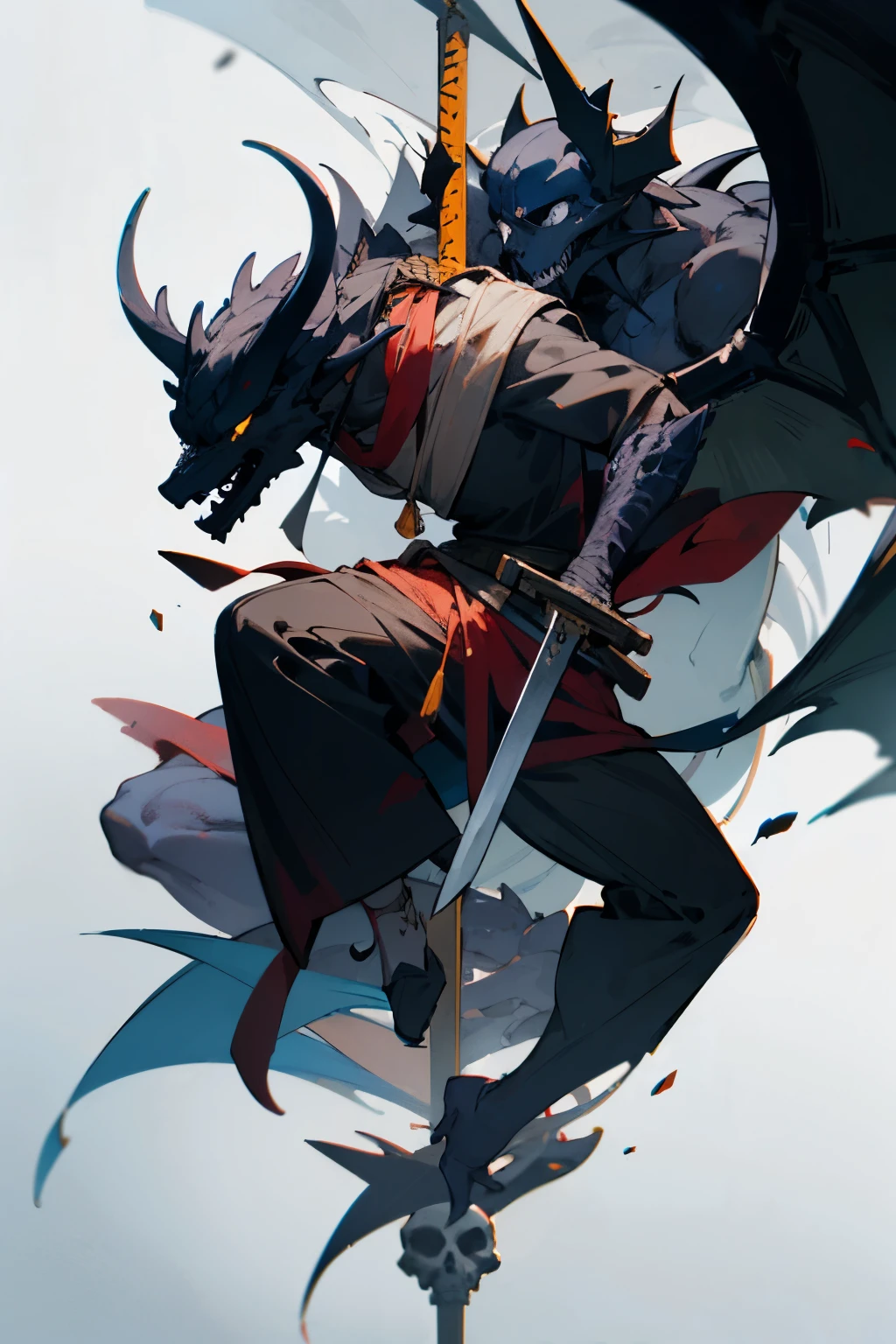 draw a black dragon, At the neck hangs a skull, On his back he carries two swords, dragon-shaped person, Hang the skull around your neck
