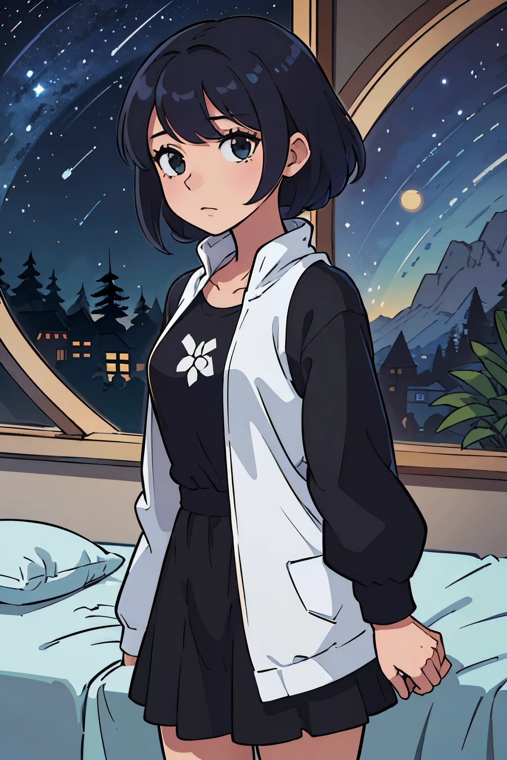 (melhor qualidade: 0.8) perfect anime illustration, Um bonito, mulher negra de cabelos castanhos e cacheados em seu quarto em cima da cama admirando a paisagem de sua janela, in your window you can see a galaxy, veste um vestido branco de renda