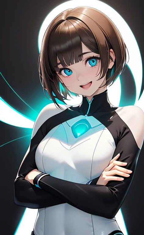 (Photorealistic:1.4)、(,20-year-old:1.5),(masterpiece、Blue lens flare:1.5、spot light:1.2、Exquisite beautiful eye:1.5,portlate),(kind eyes、tareme:1.9),(Black light:1.5)、Cute Face、 3D Face、(light brown hair:1.5)、(pixie cut:1.5),(sidelock :1.5),(blunt bangs:1.3),(1 woman)、(aqua eyes:1.2)、(upper body:1.5)、(Open mouth happy smile:1.5)、(crossed arms),(head tilt) ,(Cute face:1.2),(flat chest),(),kind face,(white Bodysuit with open chest1.5),(black background:1.5)、()、()、 Neat and clean、Adorable、Demure,Slim Body(),Shiny Hair、()、Nijisketch,Manga,blacklight