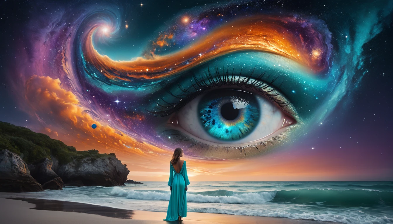 Create a surreal image of a vast cosmic eye dominating the night sky, with a swirling galaxy embedded in the eye. Les couleurs doivent être vibrantes et surnaturelles, notamment des bleus profonds, des violets, des oranges et des ors. La scène doit évoquer un sentiment d’émerveillement et de mystère. Ci-dessous, depict a calm ocean reflecting the cosmic scene above, avec une femme vêtue d'une robe turquoise fluide debout sur le rivage, regardant le ciel. The overall style should be dreamlike and fantastical, with a touch of realism in the details.