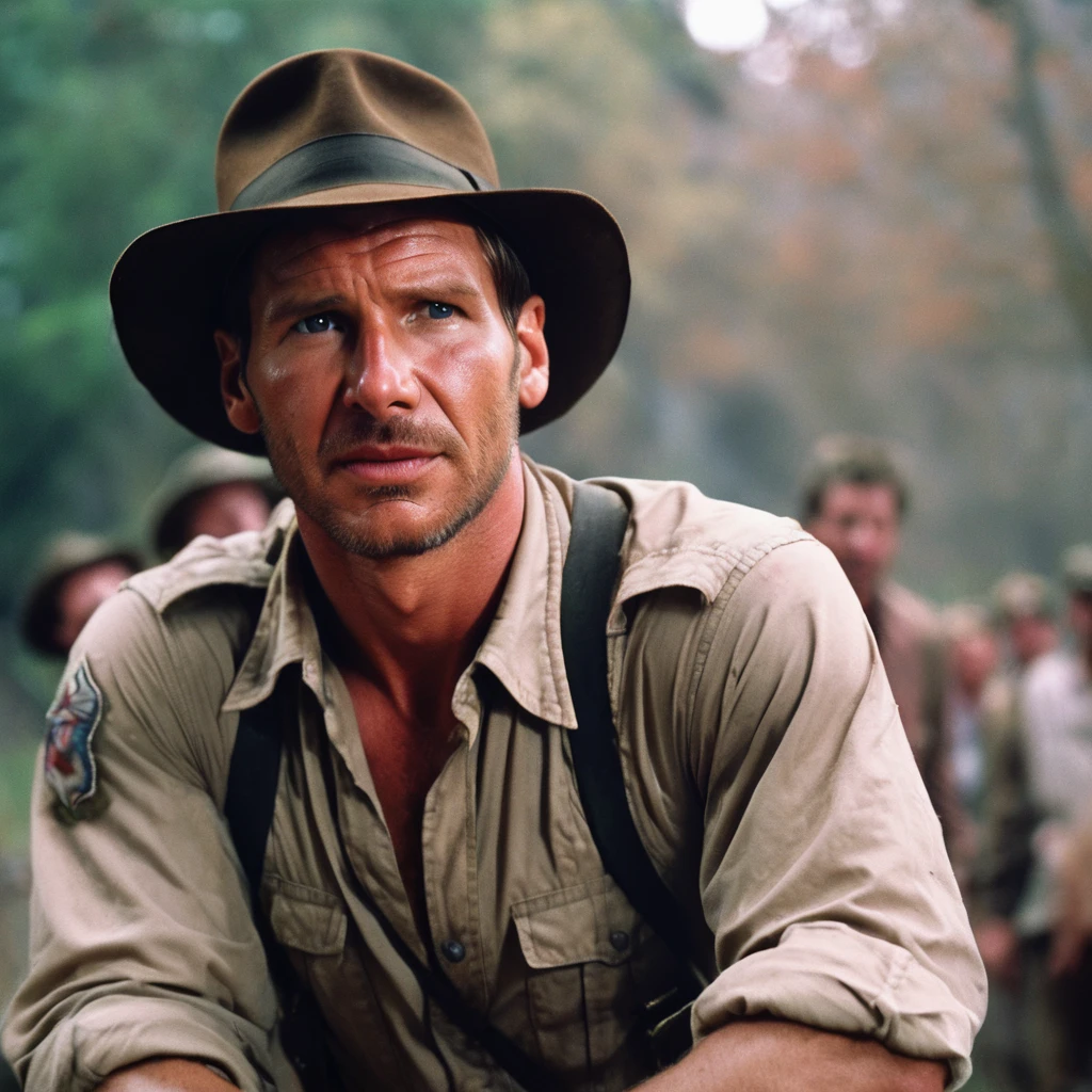 Indianajones Person portrait with a charming smile, blurred background, Sideshow, eerie moody, iconic hat, film grain movie scene.