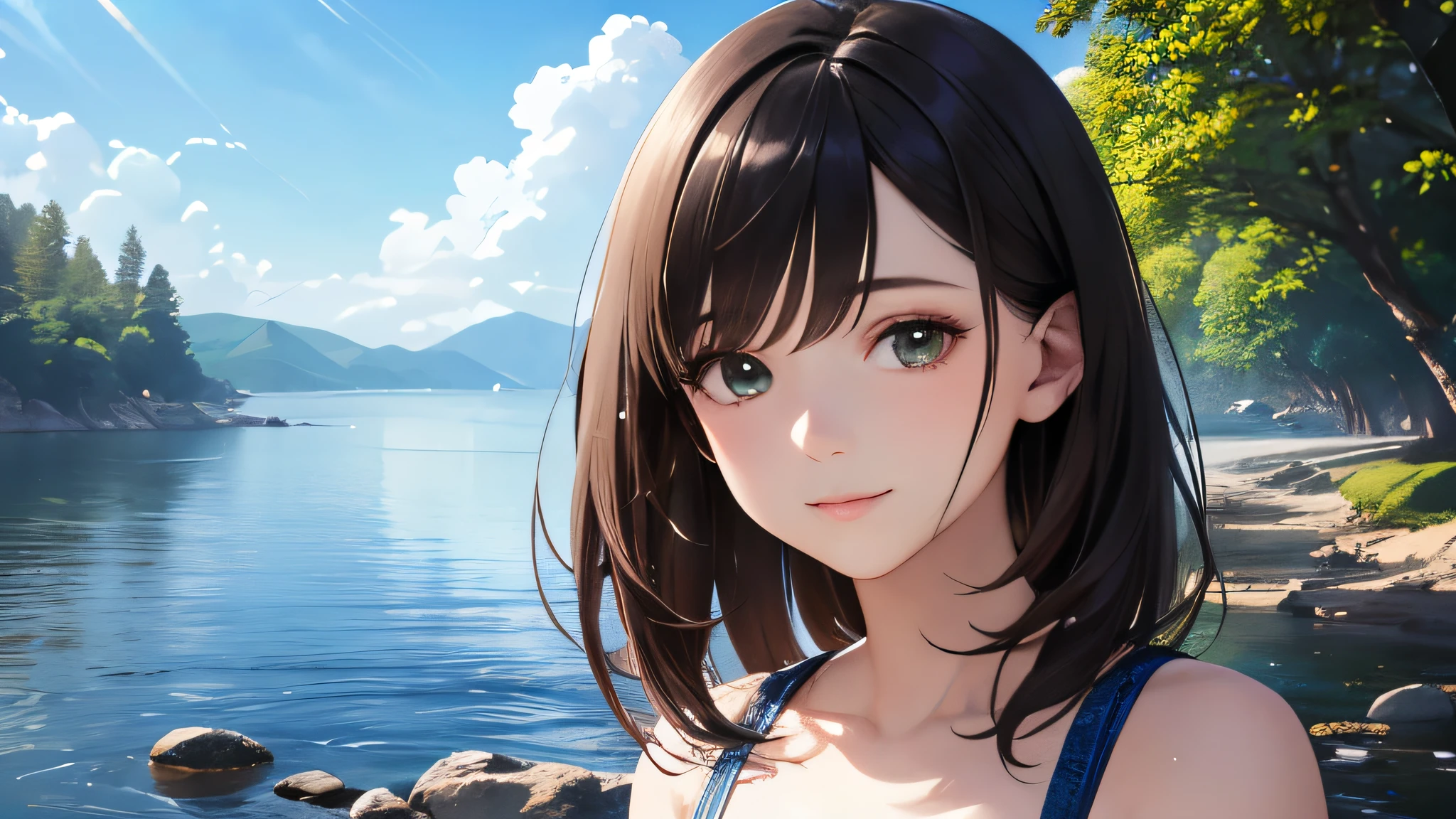 Sparkling waters and tranquil coastlines, Sunny sky with fluffy white clouds, Green trees along the coast々々々, Pleasant sea breeze. shape,Young woman with dark hair, smile,Glitter effect,highest quality, 4K, 8k, High resolution, masterpiece:1.2, Very detailed, Realistic:1.37, High resolution, 超High resolution, Studio Lighting, Ultra-fine painting, Sharp focus, Physically Based Rendering, Very detailed explanation, Professional, Vibrant colors, Bokeh, Portraiture, landscape, photograph. Blue dominates the color palette, Natural light scene