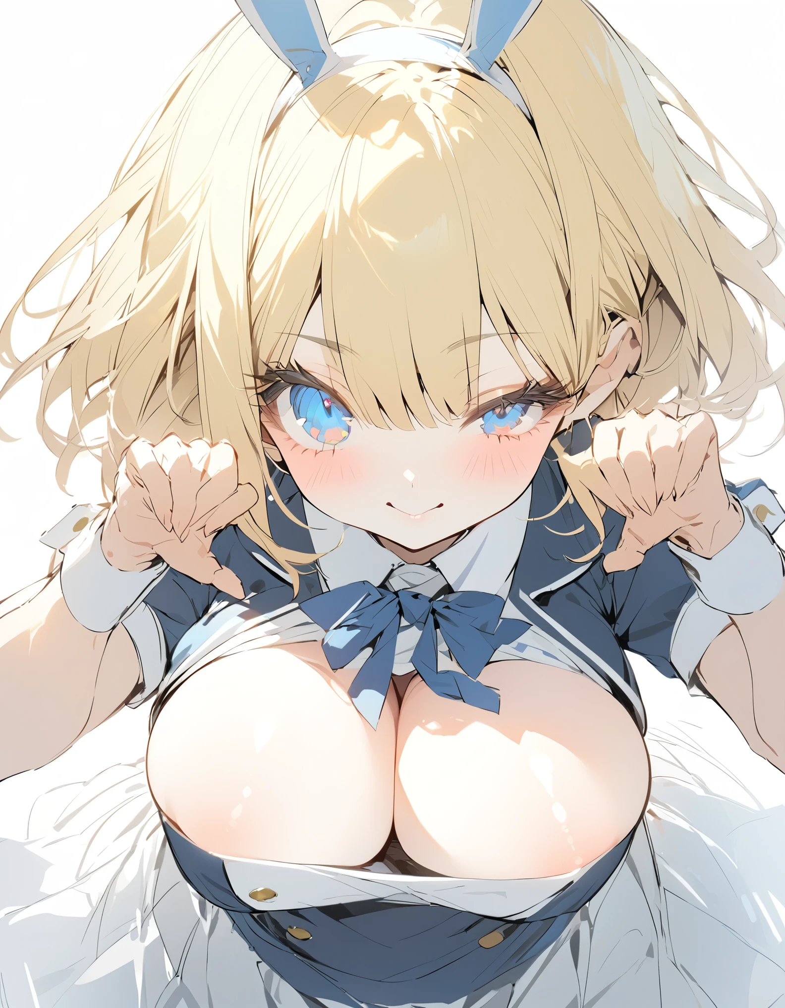 Masterpiece Japanese Anime(sketch:1.2)Navy blue original uniform (:1.5), (blonde:1.5)(eyelash:1.2)eye shadow (Short Bob Hair:1.4), (Blue eyes)(Big Breasts:1.3)Bunny pose