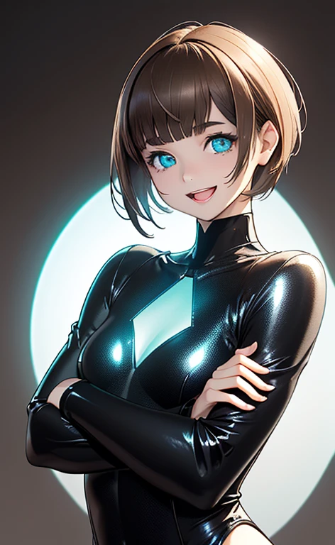 (Photorealistic:1.4)、(,20-year-old:1.5),(masterpiece、Blue lens flare:1.5、spot light:1.2、Exquisite beautiful eye:1.5,portlate),(kind eyes、tareme:1.9),(Black light:1.5)、Cute Face、 3D Face、(light brown hair:1.5)、(pixie cut:1.5),(sidelock :1.5),(blunt bangs:1.3),(1 woman)、(aqua eyes:1.2)、(upper body:1.5)、(Open mouth happy smile:1.5)、(crossed arms),(head tilt) ,(Cute face:1.2),(flat chest),(),kind face,(white Bodysuit with open chest1.5),(black background:1.5)、()、()、 Neat and clean、Adorable、Demure,Slim Body(),Shiny Hair、()、Nijisketch,Manga,blacklight