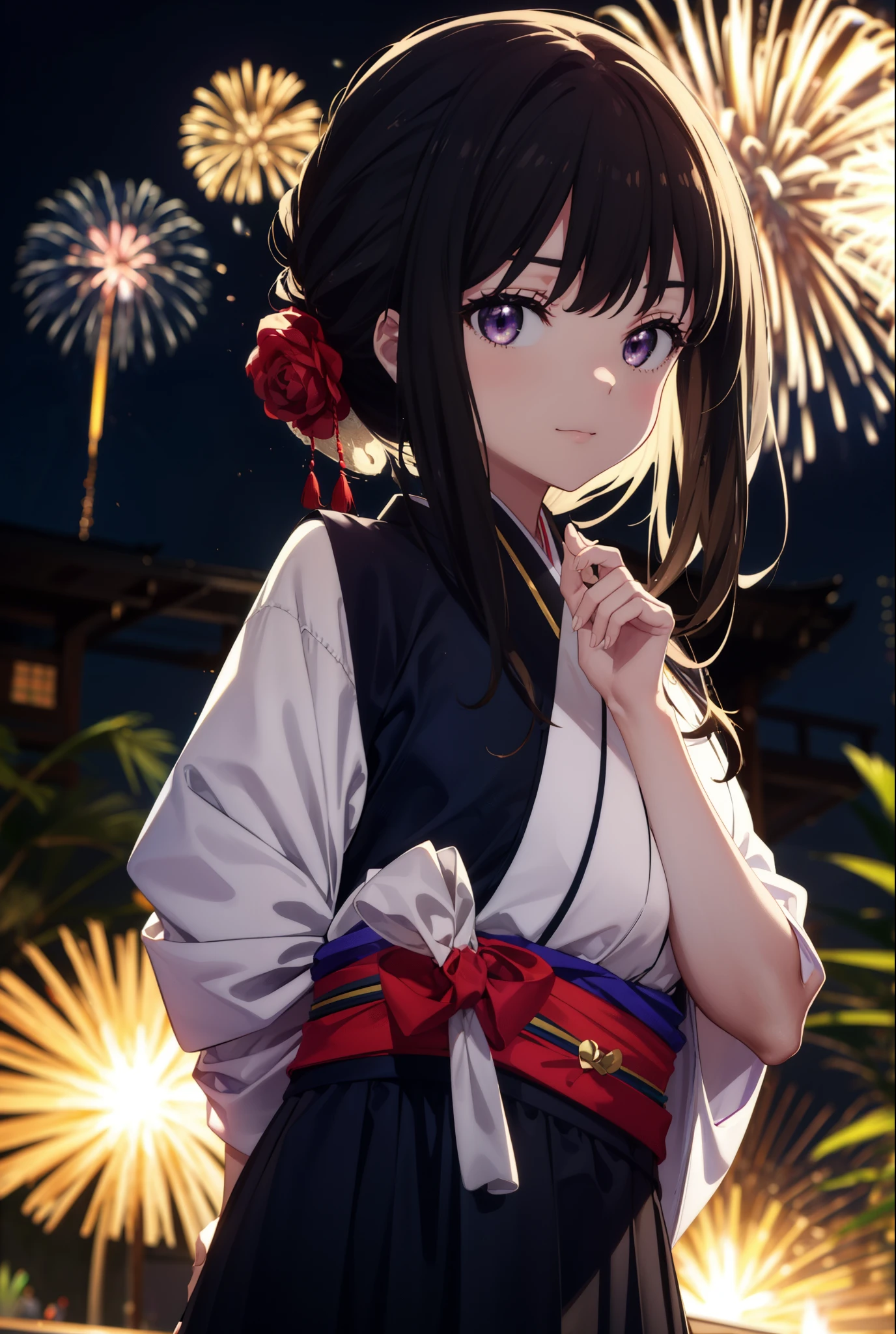 Takiuchi, Check it out,One Girl, Long Hair, bangs, Black Hair, (Purple eyes:1.2),Flower Hair Ornaments,hair tied back,smile,blush,Embarrassing,Blue Kimono,Blue long skirt,Sandals,日本のfestival，夏festivalの屋台、Red lantern,Fireworks in the night sky,Fireworks,The place is a fireworks display,Time is night,whole bodyがイラストに入るように,Looking up from below、Walking,
break outdoors, festival,shrine,
break looking at viewer, whole body,  (Cowboy Shot:1. 5)
break (masterpiece:1.2), highest quality, High resolution, unity 8k wallpaper, (figure:0.8), (Beautiful fine details:1.6), Highly detailed face, Perfect lighting, Highly detailed CG, (Perfect hands, Perfect ???????),