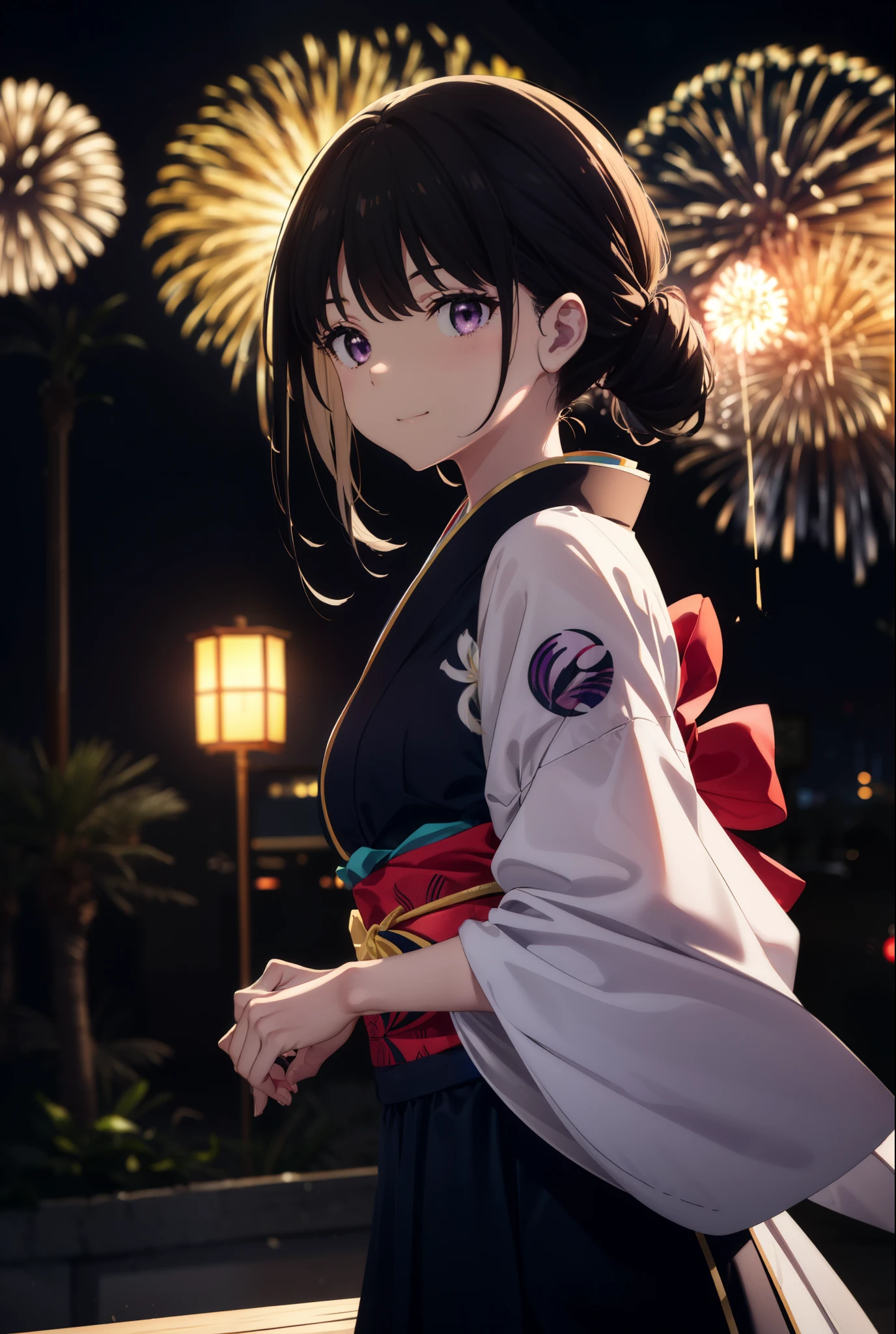 Takiuchi, Check it out,One Girl, Long Hair, bangs, Black Hair, (Purple eyes:1.2),Flower Hair Ornaments,hair tied back,smile,blush,Embarrassing,Blue Kimono,Blue long skirt,Sandals,日本のfestival,夏festivalの屋台、Red lantern,Fireworks in the night sky,Fireworks,The place is a fireworks display,Time is night,whole bodyがイラストに入るように,Looking up from below、Walking,
break outdoors, festival,shrine,
break looking at viewer, whole body, (Cowboy Shot:1. 5)
break (masterpiece:1.2), highest quality, High resolution, unity 8k wallpaper, (figure:0.8), (Beautiful fine details:1.6), Highly detailed face, Perfect lighting, Highly detailed CG, (Perfect hands, Perfect Anatomy),