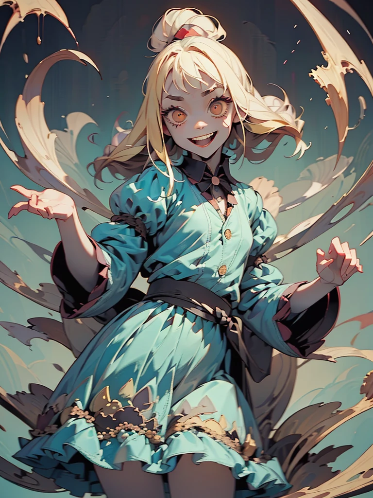 Cute Smile、Mysterious and unsettling atmosphere、A terrifying moment、Nightmare scenario、Alice in Wonderland、Enthusiastic atmosphere、Mischievous Smile、Expressive gestures、Comical movement、Blonde、Light blue outfit
