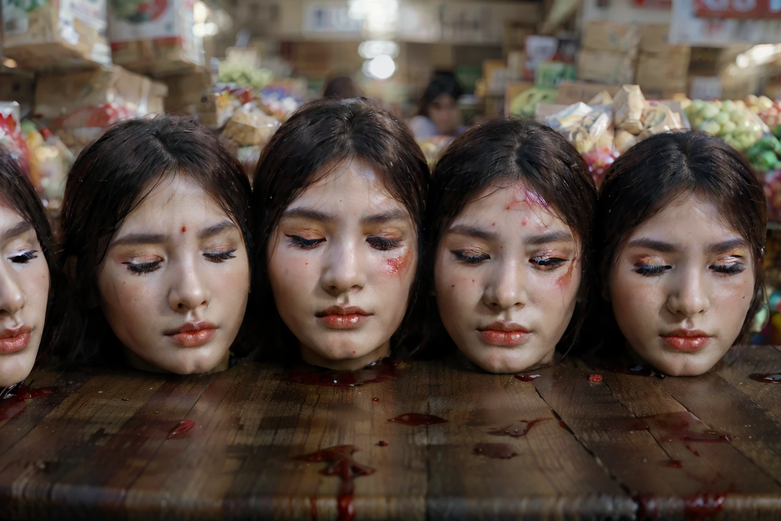 Several decapitated heads of beautiful women, on a table, in a public market, full of blood, blood flowing, ((eyes closed)), bleeding, photorealistic, 4K, Nikon, horror, public market, beautiful asian face, wrapped plastic,