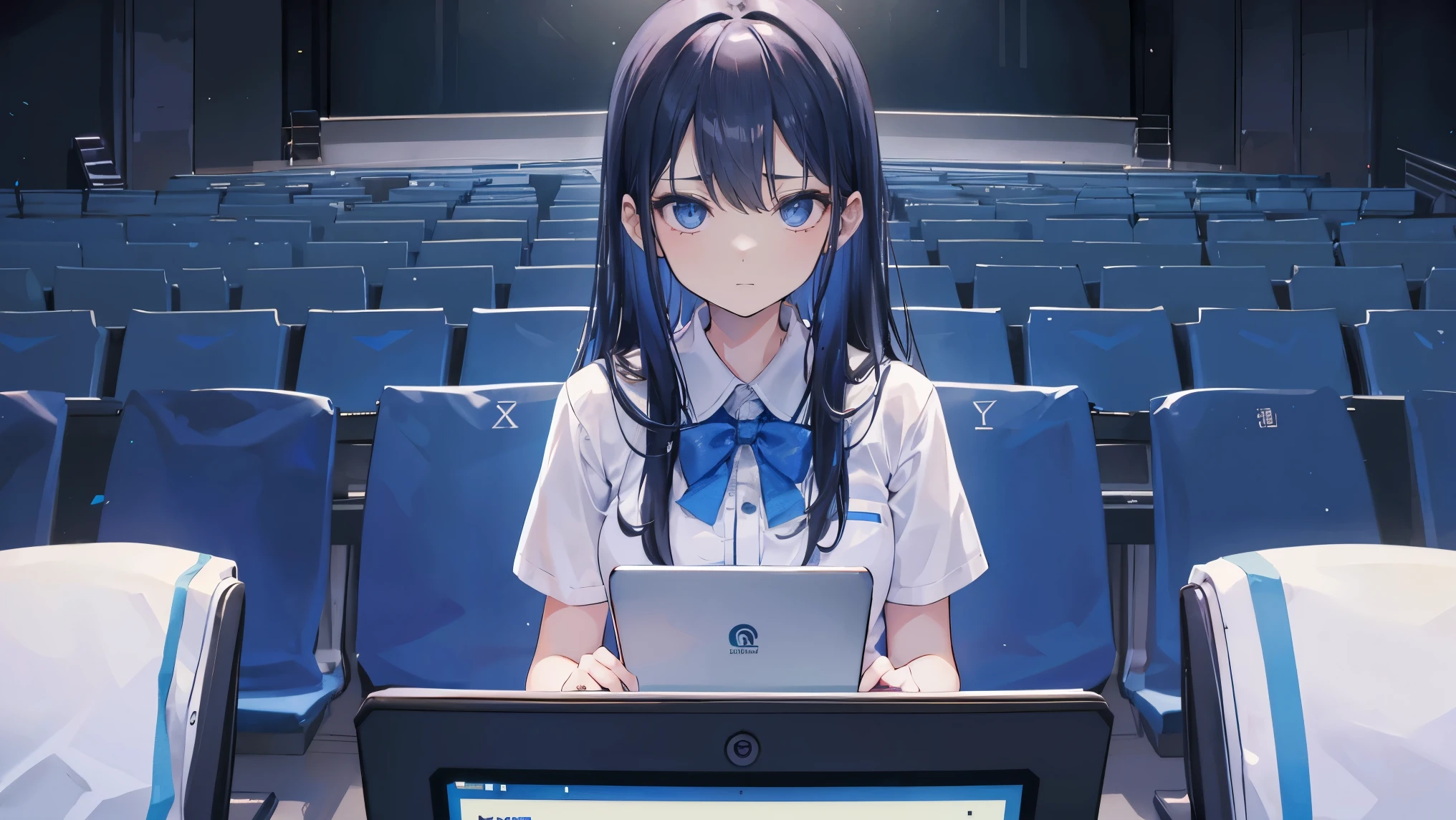 A poorly dressed girl is using a computer in a crowded auditorium，She looked at the computer screen，A serious expression on his face。