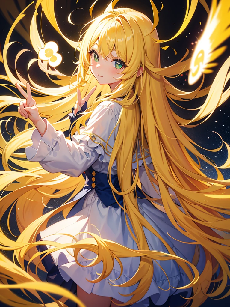 Commemorative photo shoot、A shot from behind、Cameraman in the back、Making a peace sign, 1girl, long hair, Glowing light blonde-yellow hair, wavy sidelocks, Green pupils, twinkle in the eye, sweet girl, the whole thing is shining, big eyes:1.8,