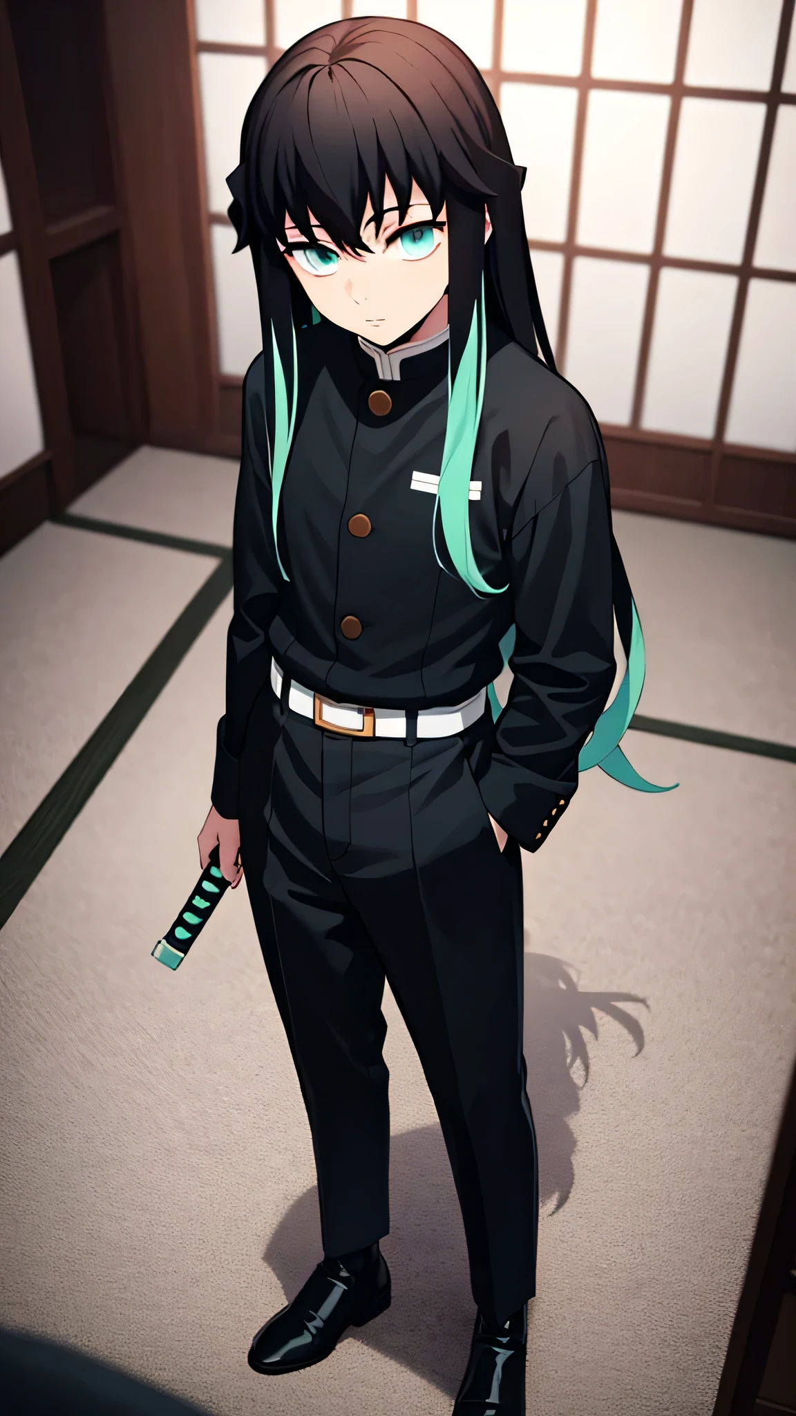 masterpiece, best quality, high quality, 1boy, solo, male focus, looking at viewer, full body, tokitou_muichirou, long hair, bangs, black hair, aqua eyes, demon slayer uniform, two-tone hair, standing, idle, looking at viewer