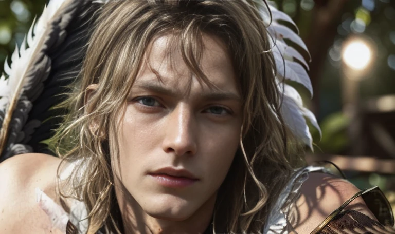 "((highly detailed, detailed eyes, detailed face, clear and realistic facial features, photorealistic, realistic light; cinematic)), (close up) male blond gorgeous fallen angel, one wing with missing feathers, desperate, laying on ground, bloody and dirty, desperate pained expression, looking at camera