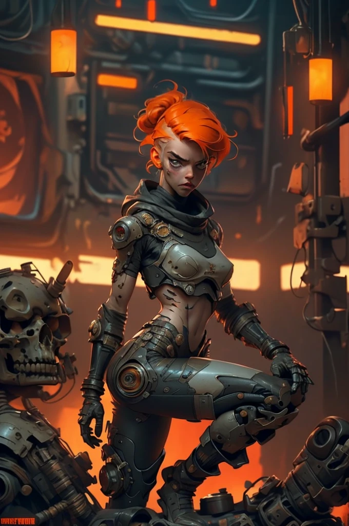 A highly detailed and realistic skull girl,( Anya. Taylor Joy) cyberpunk character, mad max furiosa, one hand robot, cyborg arm, orange hair, dramatic metal heavy rock theme, best quality, 8k, hyperrealistic, photorealistic, extreme detailed painting, studio lighting, vivid colors, dark moody atmosphere, cinematic, dramatic pose, intricate mechanical details, glowing energy effects, intense gritty textures, seamless integration of organic and inorganic elements. Wearing the used clothes of a wastelander. Background: An apocalyptic wasteland. Dusty and depressing., sexy pose, walking