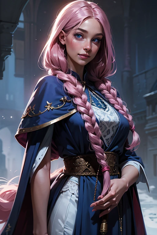 a girl, ((young girl)), slim, long pink hair in layered braids, vibrant pink hair. Blue eyes, long nose, round nose, (((detailed eyes))), round cheeks, full cheeks, youthful face, Soft jaw, round jaw, babyface, bright smile, happy. Wearing a ((dark blue)) and white wizard robe, white lace, short skirt, holding a wand. Fantasy. Good eyes