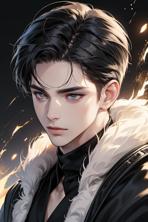 (best quality digital art digital illustration 4k high resolution beautiful image hyper-detailed image perfect lines soft lighting night environment smooth zoom perfect face) (1:1 photorealistic) (neutral colors hdr 1.4) an adult 25 year old man (thoughtful expression) very beautiful eyes deep black medium black hair modern clothes black (dark background)