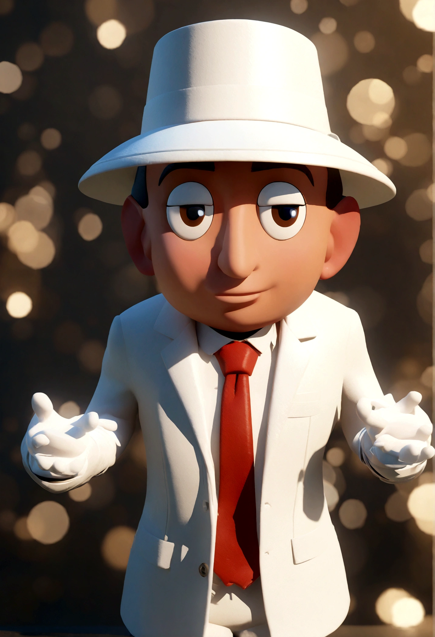 Cartoon character of a man with red tie and white suit, white hat with a red stripe animation character, Stylized character, animation style rendering, 3d stylized, Arnold Maya render, 3 d stylized render, toon render keyshot, Character 3D, 3D Character, stylized 3d render, 3 d character render, cartoon character, Close up character, Character pose, (Pixar Style) (master part:1.2) (Bokeh) (best quality) (detailed skin) ( detailed texture) (8k) (clay) (Cinematic lighting) (sharp focus