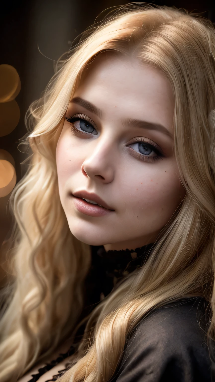 (Portrait Photography), Gorgeous 25 year old, Portrait of Samara Weaver as a medieval fantasy prostitute, long dark blond hair, Large long blade, Adult, Medieval fantasy prostitute in black clothing, Intelligent appearance, Attractive face with attention to detail, In a big medieval fantasy city, cloudy, Cinema Lighting、Big Tits、masterpiece, 最high quality, high quality, High resolution、sexy, Face close-up