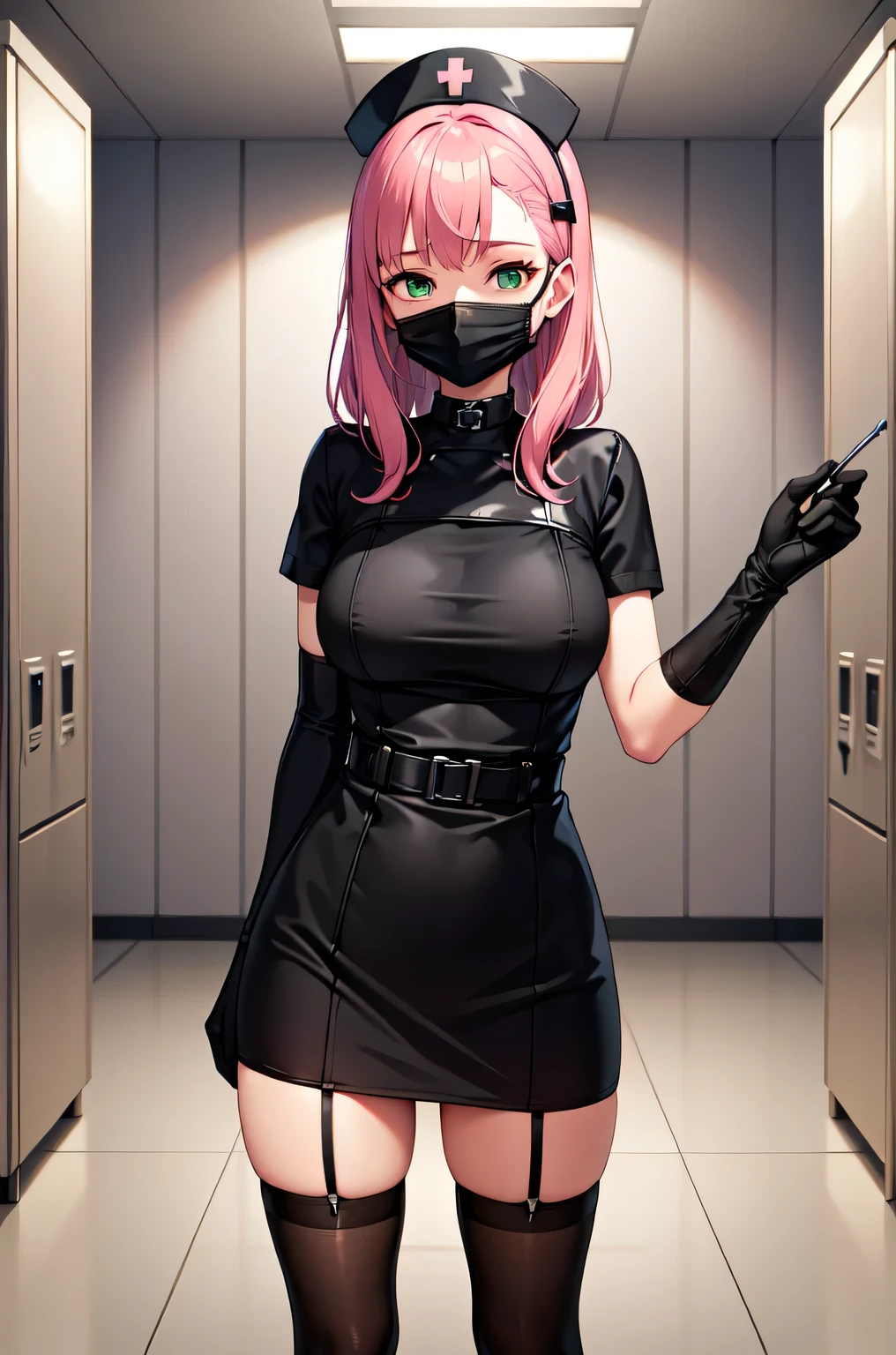 black nurse, 1woman, solo, black nurse cap, black nurse uniform, ((black legwear, zettai ryouiki)), black elbow gloves, pink hair, green eyes, drooping eyes, ((black surgical mask, covered nose)), standing, ((surgery room)), sharp outline, short sleeves, mature female, 32 years old, best quality, masterpiece