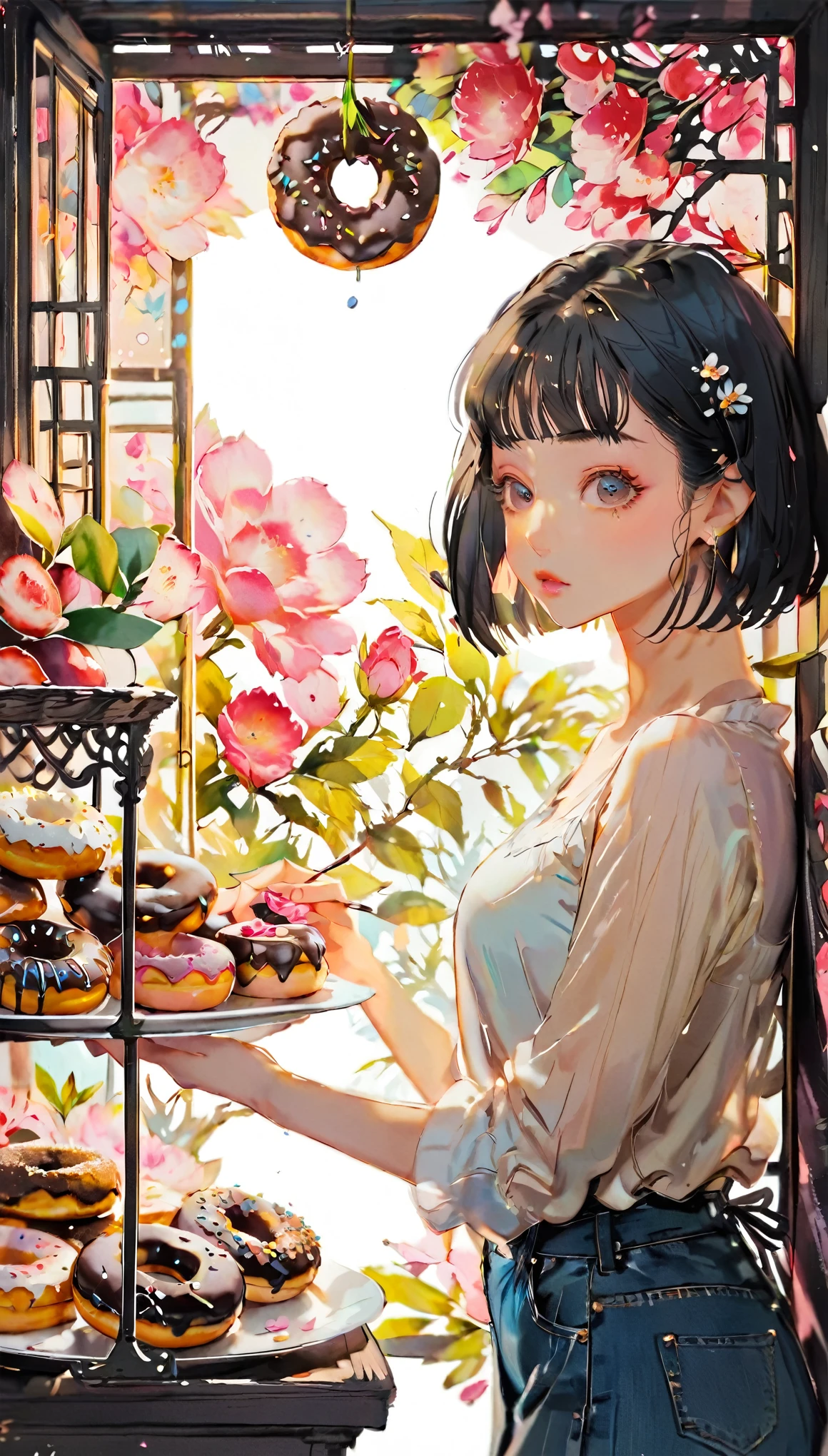 (((paper cutting style))), 1 girl, short black hair, straight hair, bob cut, doughnuts, shirts, denim