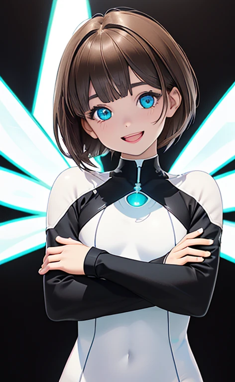 (Photorealistic:1.4)、(,20-year-old:1.5),(masterpiece、Blue lens flare:1.5、spot light:1.2、Exquisite beautiful eye:1.5,portlate),(kind eyes、tareme:1.9),(Black light:1.5)、Cute Face、 3D Face、(light brown hair:1.5)、(pixie cut:1.5),(sidelock :1.5),(blunt bangs:1.3),(1 woman)、(aqua eyes:1.2)、(upper body:1.5)、(Open mouth happy smile:1.5)、(crossed arms),(head tilt) ,(Cute face:1.2),(flat chest),(),kind face,(white Bodysuit with open chest1.5),(black background:1.5)、()、()、 Neat and clean、Adorable、Demure,Slim Body(),Shiny Hair、()、Nijisketch,Manga,blacklight