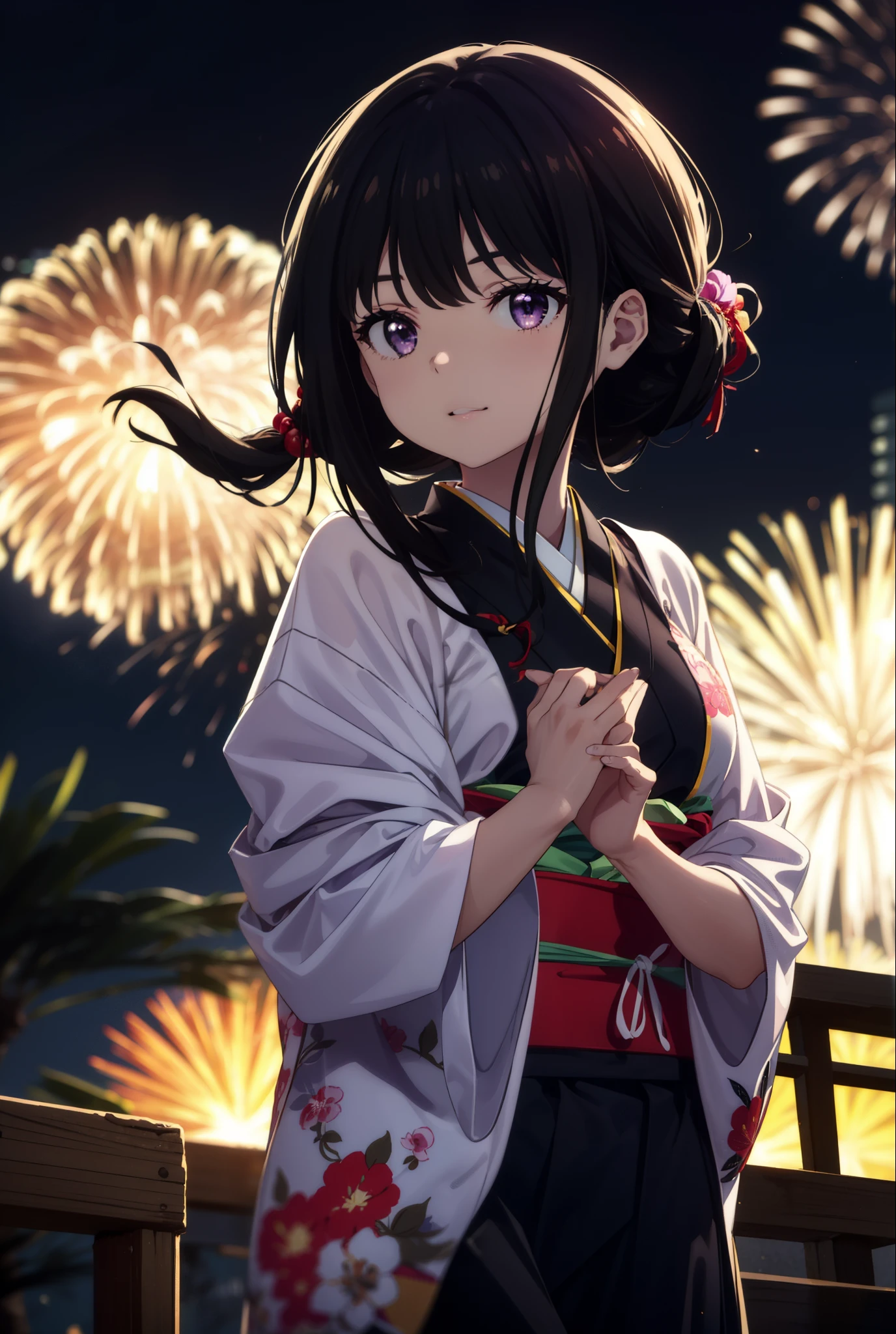Takiuchi, Check it out,One Girl, Long Hair, bangs, Black Hair, (Purple eyes:1.2),Flower Hair Ornaments,hair tied back,smile,blush,Embarrassing,Blue Kimono,Blue long skirt,Sandals,日本のfestival,夏festivalの屋台、Red lantern,Fireworks in the night sky,Fireworks,The place is a fireworks display,Time is night,whole bodyがイラストに入るように,Looking up from below、Walking,
break outdoors, festival,shrine,
break looking at viewer, whole body, (Cowboy Shot:1. 5)
break (masterpiece:1.2), highest quality, High resolution, unity 8k wallpaper, (figure:0.8), (Beautiful fine details:1.6), Highly detailed face, Perfect lighting, Highly detailed CG, (Perfect hands, Perfect Anatomy),