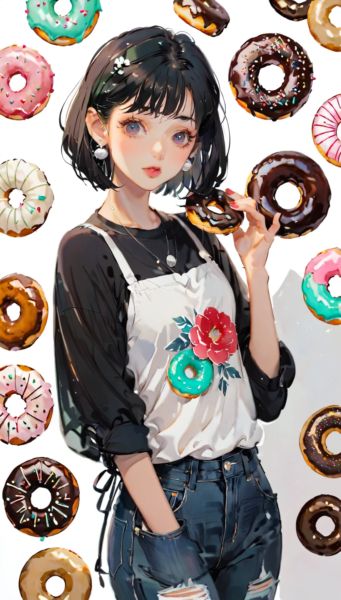 (((paper cutting style))), 1 girl, short black hair, straight hair, bob cut, doughnuts, shirts, denim