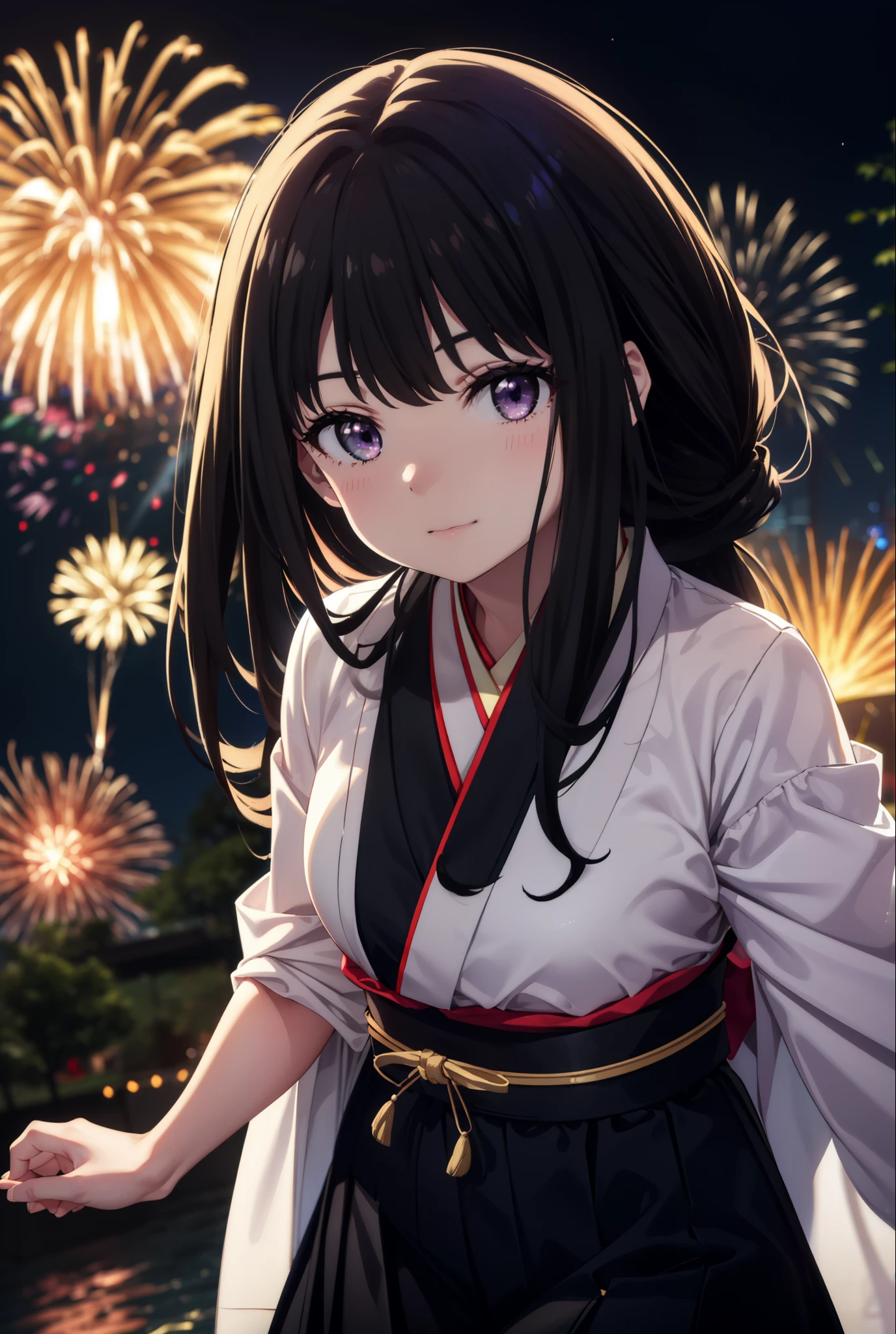 Takiuchi, Check it out,One Girl, Long Hair, bangs, Black Hair, (Purple eyes:1.2),Flower Hair Ornaments,hair tied back,smile,blush,Embarrassing,Blue Kimono,Blue long skirt,Sandals,日本のfestival,夏festivalの屋台、Red lantern,Fireworks in the night sky,Fireworks,The place is a fireworks display,Time is night,whole bodyがイラストに入るように,Looking up from below、Walking,
break outdoors, festival,shrine,
break looking at viewer, whole body, (Cowboy Shot:1. 5)
break (masterpiece:1.2), highest quality, High resolution, unity 8k wallpaper, (figure:0.8), (Beautiful fine details:1.6), Highly detailed face, Perfect lighting, Highly detailed CG, (Perfect hands, Perfect Anatomy),