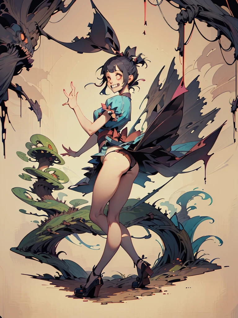 Gruesome and spooky details、An atmosphere full of suspense and tension、Psychological horror、Cute Smile、Mysterious and unsettling atmosphere、A terrifying moment、Nightmare scenario、Alice in Wonderland、Showing off her panties、Big shoes、Enthusiastic atmosphere、Mischievous Smile、Expressive gestures、Comical movement、