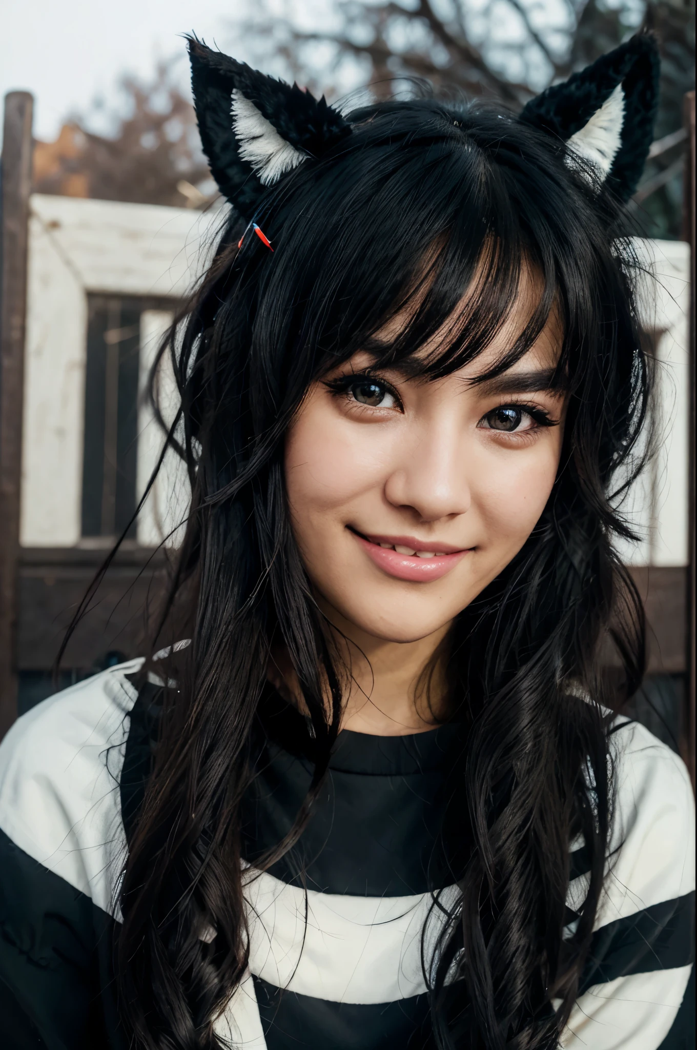 black hair, hair bobbles, wince, longeyelashes, solid circle eyes, fake animal ears, light smile, ear blush, fang, ccurate, Surrealism, drop shadow, anaglyph, stereogram, tachi-e, pov, atmospheric perspective, 8k, super detail, best quality