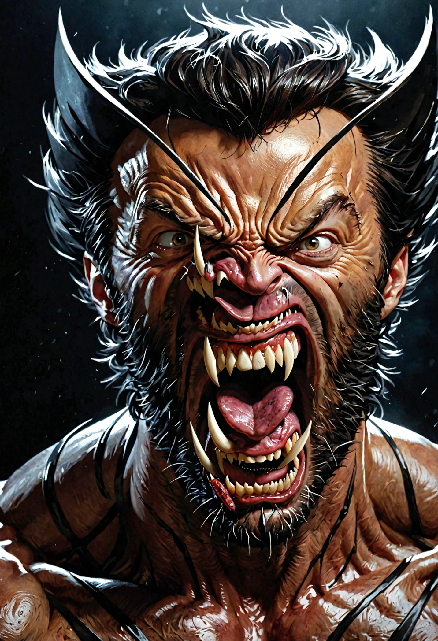 a portrait of wolverine with venom on his face, evil expression, open mouth, venom tongue sticking out, highly detailed, intricate details, cinematic lighting, dark and gritty atmosphere, dramatic colors, photorealistic, 8k, masterpiece