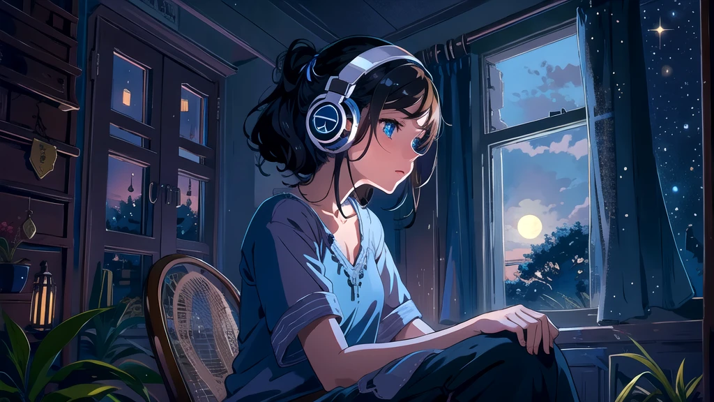 Create an illustration of a girl with dark hair and blue eyes, sitting sideways in front of the window of her room, She is wearing headphones and has a sentimental and introspective expression, Moonlight softly shines into the room, gently illuminating the space, Curtains sway in the breeze, enhancing the serene, melancholic atmosphere, Emphasizing the themes of solitude, silence, and the depths of night, the room is dark but slightly illuminated by moonlight