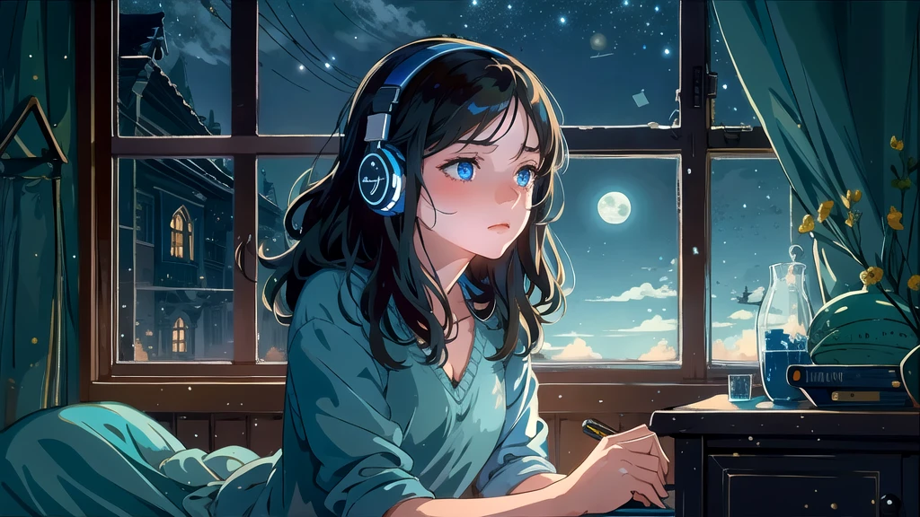 Create an illustration of a girl with dark hair and blue eyes, sitting sideways in front of the window of her room, She is wearing headphones and has a sentimental and introspective expression, Moonlight softly shines into the room, gently illuminating the space, Curtains sway in the breeze, enhancing the serene, melancholic atmosphere, Emphasizing the themes of solitude, silence, and the depths of night, the room is dark but slightly illuminated by moonlight