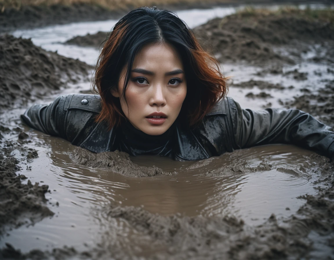 8k, ultra-detailed, documentary drama photo, grainy film photo, masterpiece,muted colors, muffled light, dusk, rainy, moody, noir, woman head completely drown in mud hole, shame expression, light turtleneck, faded leather jacket, beautiful long brunette hair, depraved outfit,asian:0.5,fetishistic makeup, orange hair, from above view