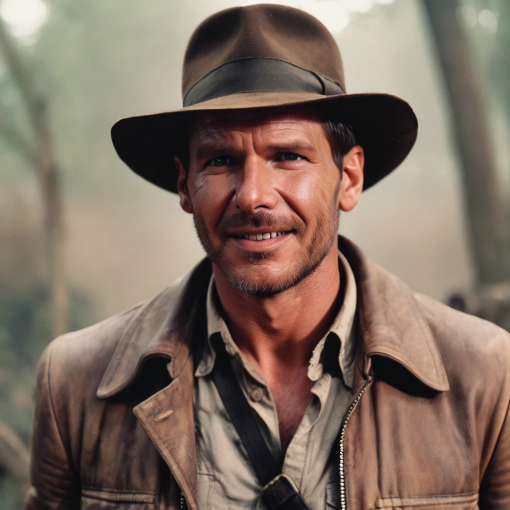 Indianajones Person portrait with a charming smile, blurred background, Sideshow, eerie moody, iconic hat, film grain movie scene.