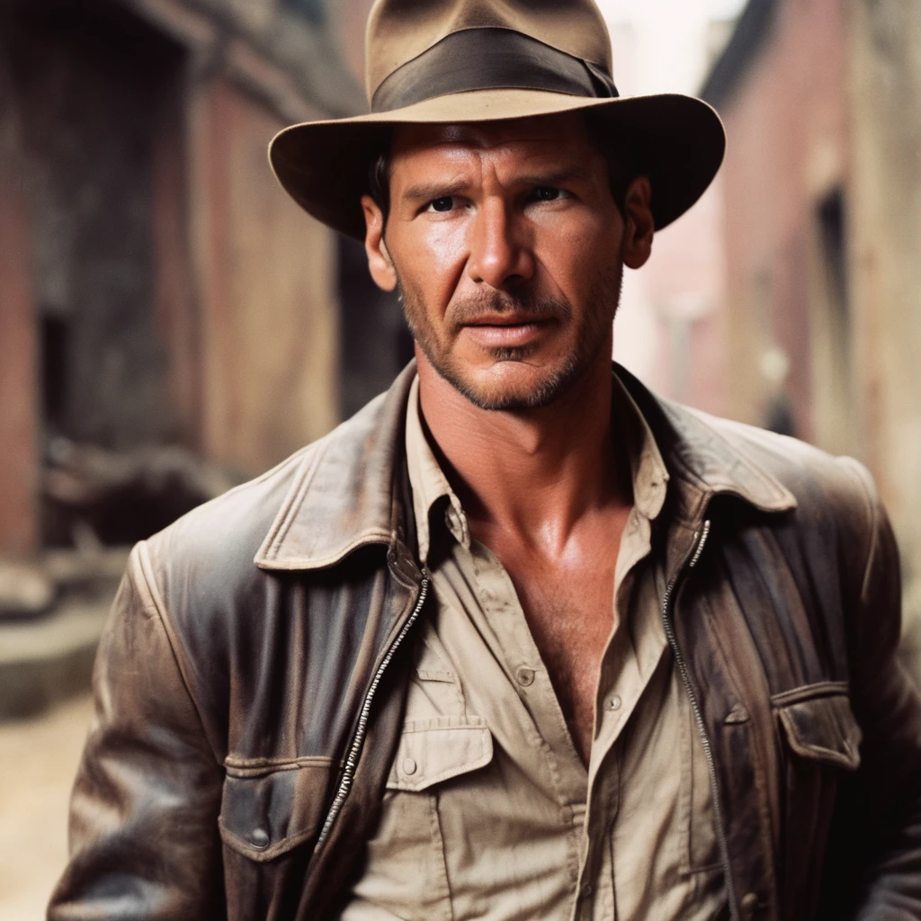 Indianajones Person portrait with a charming smile, blurred background, Sideshow, eerie moody, iconic hat, film grain movie scene.