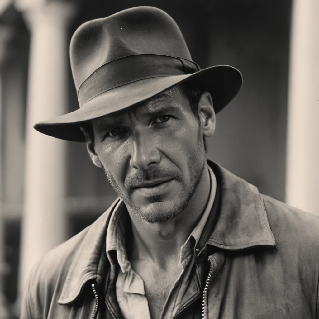 Indianajones Person portrait with a charming smile, blurred background, Sideshow, eerie moody, iconic hat, film grain movie scene.