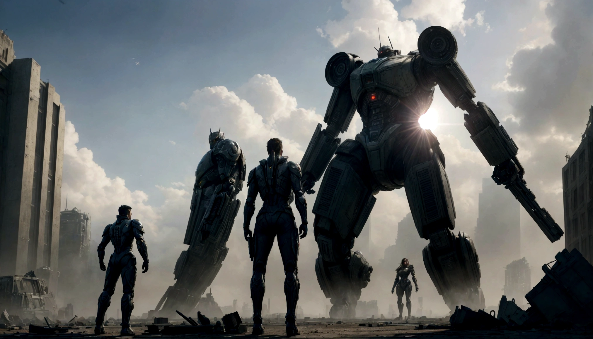 silhouettes of two warriors in front of a huge robot aggressively standing gigantic tall, located right in the middle of a destroyed futuristic city , papel de parede de arte conceitual 4K, anime, science fiction fantasy wallpaper, science fiction art, science fiction detailed art, bela science fiction art, spaceships in the cloudy sky, obra-prima de arte conceitual, arte conceitual 4k, arte conceitual 4k, science fiction concept art, mystical science fiction concept art
