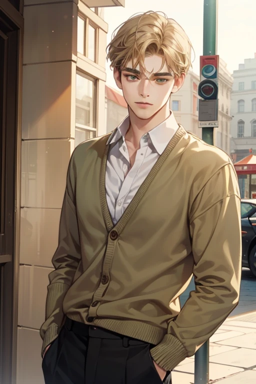 masterpiece, best quality, realistic, 1man, mature male, quiet and charming young man, 18 years old, close his eyes, ((soft smile)), closed mouth, extremely detailed face, a little distant, ((dark green eyes)), ((short-side-swept sandy blonde hair)), [thick eyebrows], (caramel cardigan and brown trousers), (waiting in front of the store)