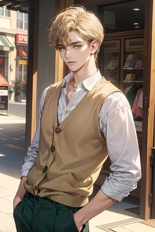 masterpiece, best quality, realistic, 1man, mature male, quiet and charming young man, 18 years old, close his eyes, ((soft smile)), closed mouth, extremely detailed face, a little distant, ((dark green eyes)), ((short-side-swept sandy blonde hair)), [thick eyebrows], (caramel cardigan and brown trousers), (waiting in front of the store)