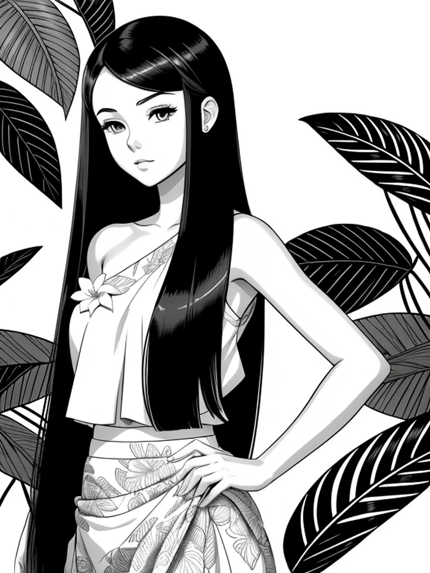 black and white simple drawing, 1 girl with plumeria flowers in the background,((Alone)),((Shoulder length straight long bob hair)), small head,small face,small breasts,ta in floral skirt, Its exquisite ink line art, Manhwa Style, Portrait of Polynesian girl, Marilyn Monroe, Hollywood glamour, beautiful line art, black and white manga style, Manhwa Style, comic artstyle, pencil and ink manga, black and white coloring,line art,