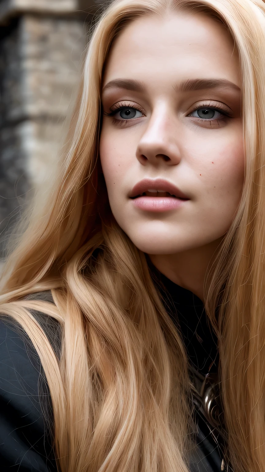 (Portrait Photography), Gorgeous 25 year old, Portrait of Samara Weaver as a medieval fantasy prostitute, long dark blond hair, Large long blade, Adult, Medieval fantasy prostitute in black clothing, Intelligent appearance, Attractive face with attention to detail, In a big medieval fantasy city, cloudy, Cinema Lighting、Big Tits、masterpiece, 最high quality, high quality, High resolution、sexy, Face close-up