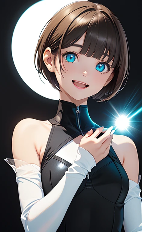 (Photorealistic:1.4)、(,20-year-old:1.5),(masterpiece、Blue lens flare:1.5、spot light:1.2、Exquisite beautiful eye:1.5,portlate),(kind eyes、tareme:1.9),(Black light:1.5)、Cute Face、 3D Face、(light brown hair:1.5)、(pixie cut:1.5),(sidelock :1.5),(blunt bangs:1.3),(1 woman)、(aqua eyes:1.2)、(upper body:1.5)、(Open mouth happy smile:1.5)、(own hands clasped),(head tilt) ,(Cute face:1.2),(flat chest),(),kind face,(white Bodysuit with open chest1.5),(black background:1.5)、()、()、 Neat and clean、Adorable、Demure,Slim Body(),Shiny Hair、()、Nijisketch,Manga,blacklight